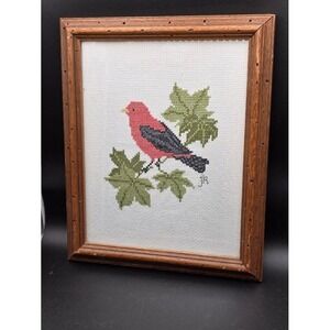 Handmade Needlepoint Red Bird Framed Art Embroidery Rustic Home Decor 9"x12"‎